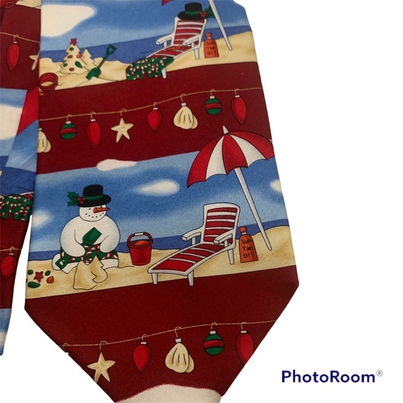Hallmark Holiday Traditions Christmas Snowman On Beach Red Novelty Silk 58" Tie - Picture 2 of 6